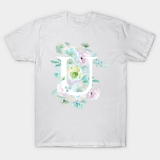 Botanical alphabet U green and purple flowers T-Shirt